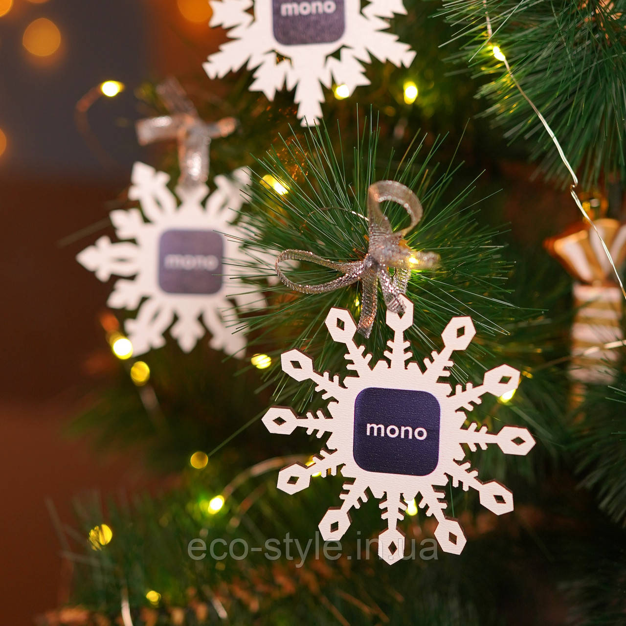 Сніжинки з логотипом на ялинку Корпоративні новорічні іграшки. Іграшки з лого. Брендовані подарунки колегам Подарунки клієнтам, фото 1