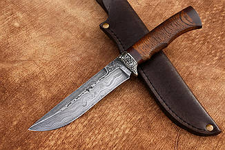 Ніж мисливський ручної роботи Новатор 3 з клинком із дамаської сталі 60 HRC, у комплекті зі шкіряним чохлом