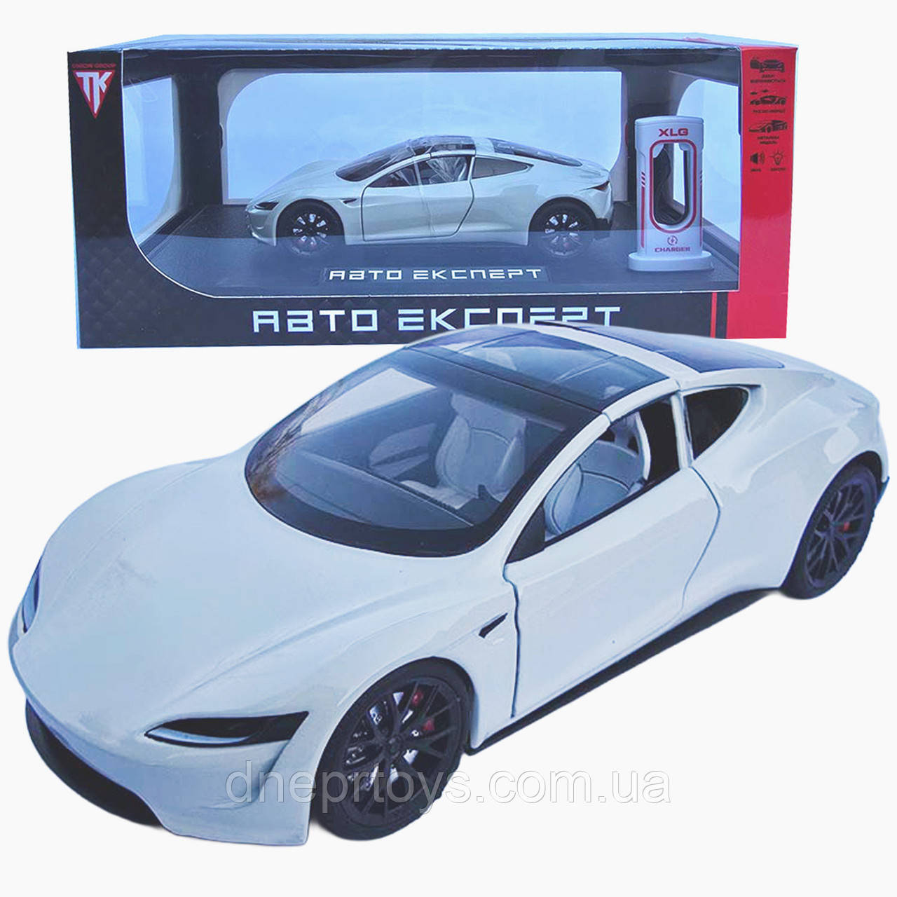 Машинка матал Tesla Roadster Тесла біла електро зарядка 1:24 звук світло 17*6,5*4,5см (RS-03612), фото 1