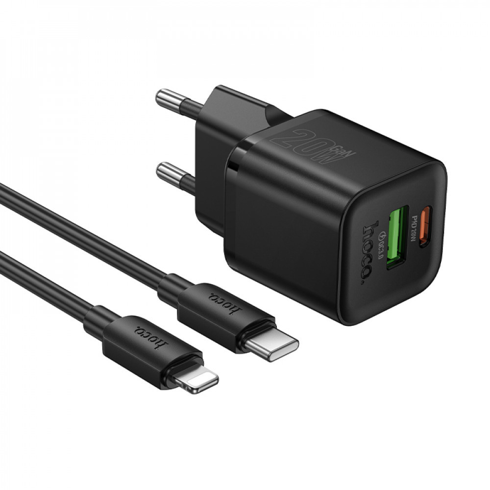 Home Charger | 20W | PD | QC3.0 | C to Lightning Cable (1m) — Hoco N65 — Black, фото 1