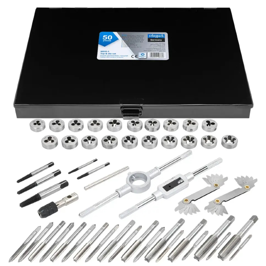 Набір метричних/дюймових мітчиків та плашок 50 пр.(М3-М8) в металевому кейсі Scheppach SCH-M050-3, фото 1
