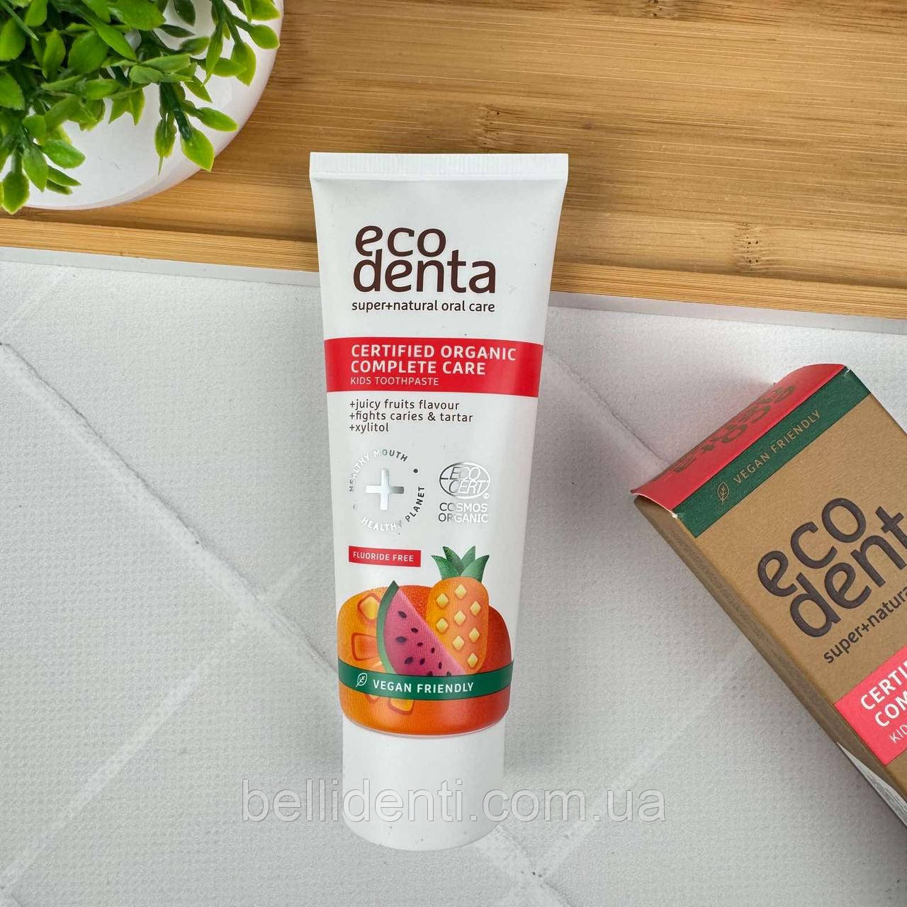 Дитяча зубна паста EcoDenta Organic від 2 років (без фтору, соковиті фрукти), 75 мл