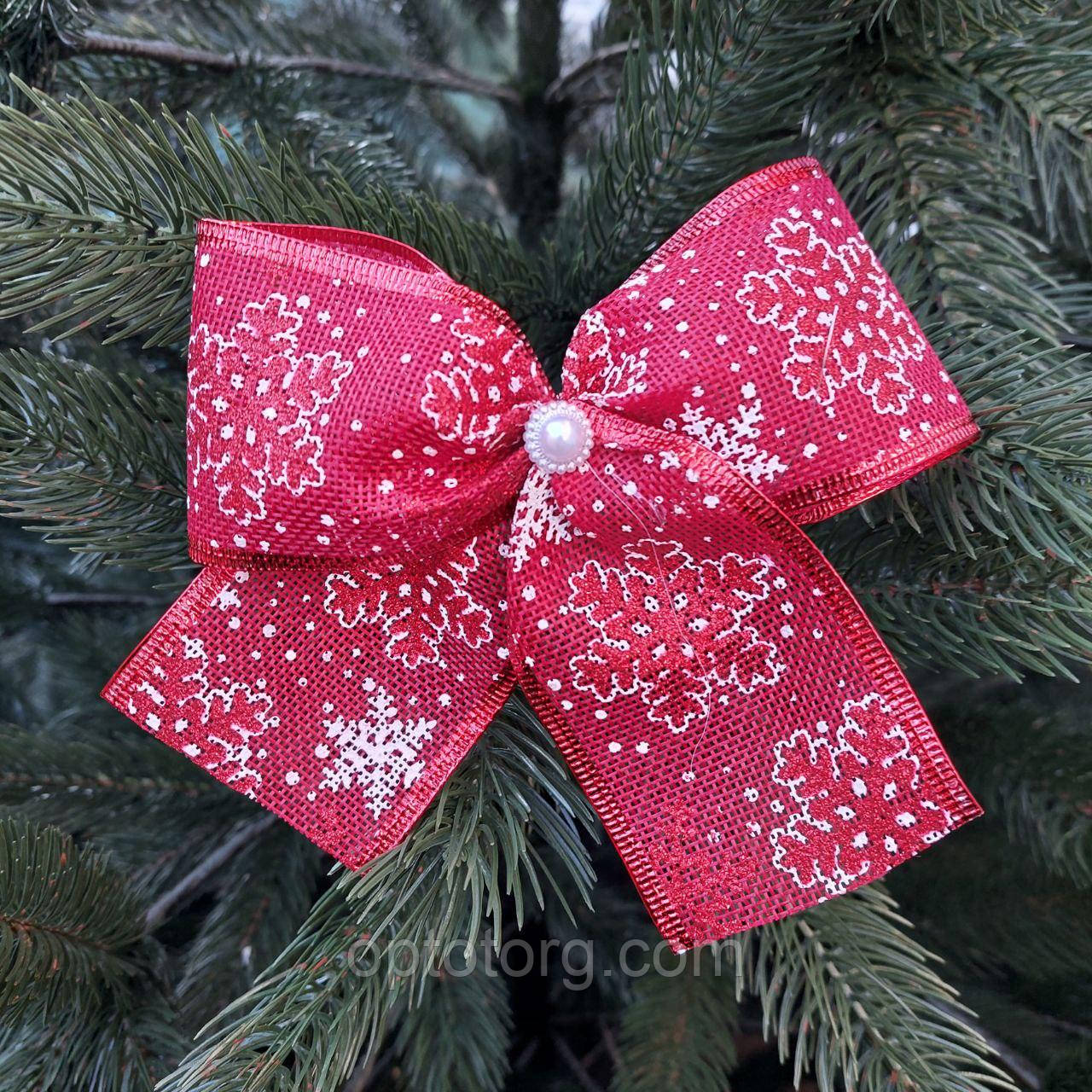 Новорічна прикраса Бант червоний мішковина Сіжинка 12*14 см, фото 1