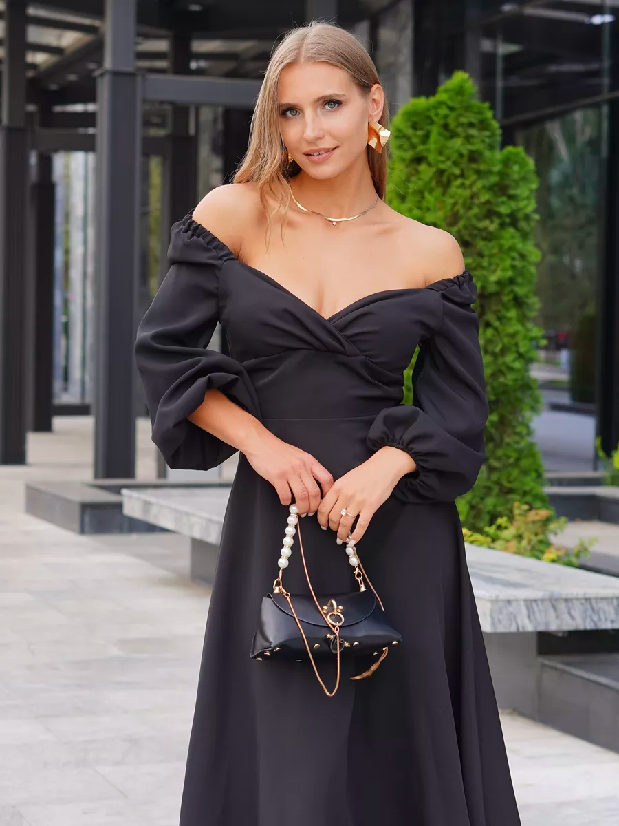 Вечірнє жіноче плаття з відкритими плечима, чорне, фото 1
