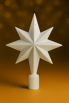 Верхівка на ялинку «Зірка» — глітерна або глянцева новорічна прикраса, 23,5 см, пластик, 15 кольорів Білий з сріблястим блиском