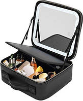 Зручна косметичка-органайзер шкіряна з дзеркалом LED Чорний