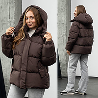 Дута куртка жіноча зимова з капюшоном коротка шоколад осінь зима з утепленням пуховик оверсайз пуфер