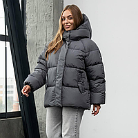 Дута куртка жіноча зимова з капюшоном коротка осінь зима з утепленням пуховик графіт оверсайз пуфер