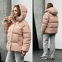 Дута куртка жіноча зимова з капюшоном коротка бежева осінь зима з утепленням пуховик оверсайз пуфер