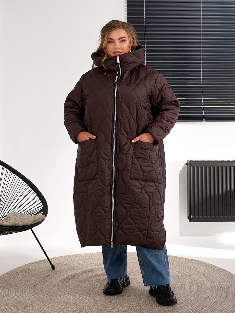 Зимове жіноче пальто шоколад великого розміру батал Розміри: 56-58, 60-62, 64-66, 68-70, 72-74