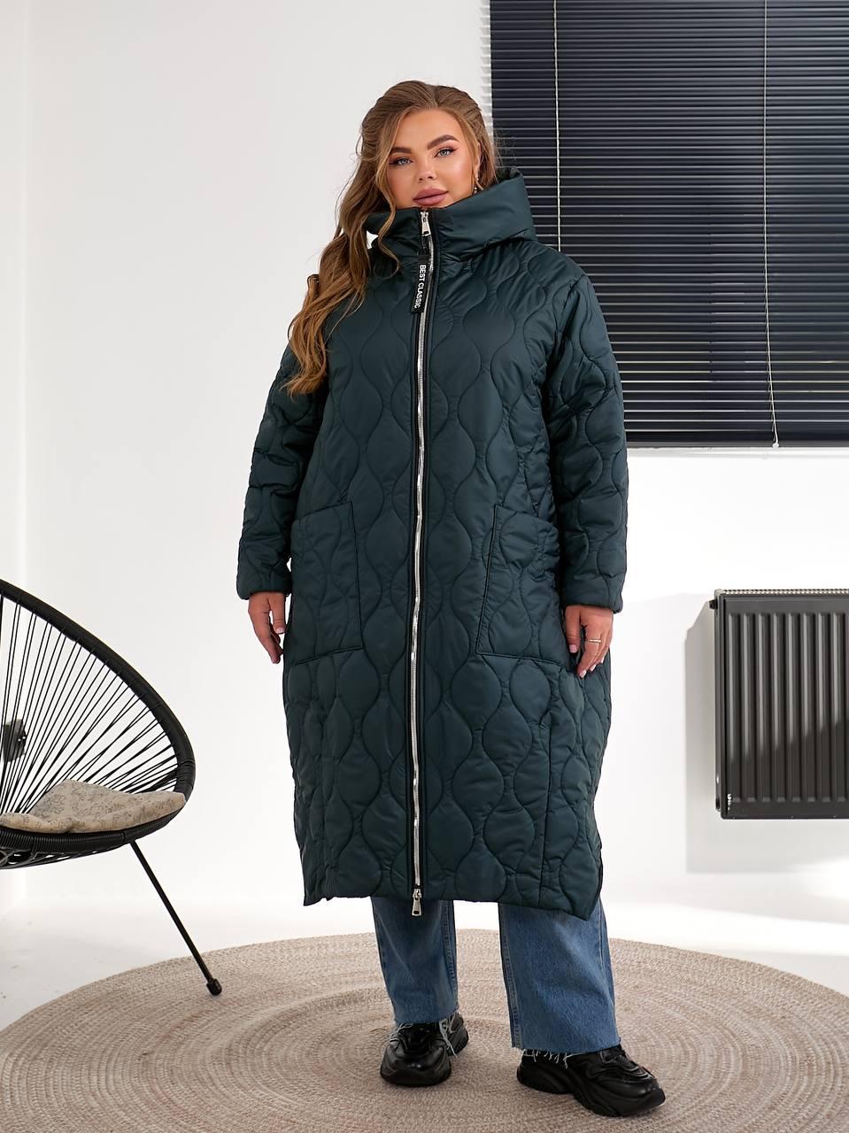 Зимове жіноче пальто зелене великого розміру батал Розміри: 56-58, 60-62, 64-66, 68-70, 72-74