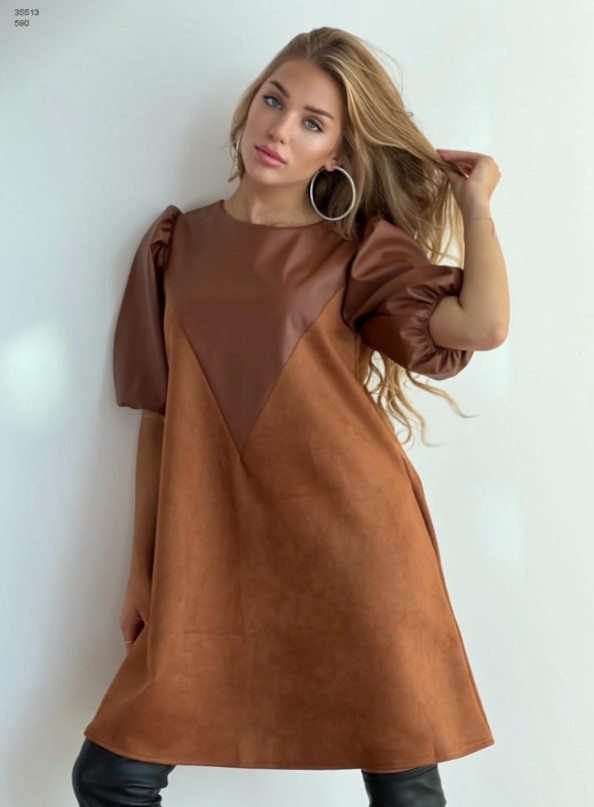 Жіноча сукня з шкіряними вставками коричневий 36-70 розмір, фото 1