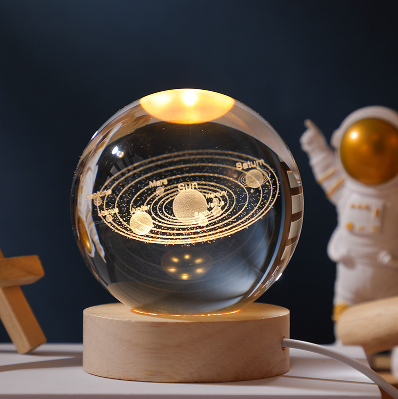 Ночник світильник великий скляний шар 8 см. світлодіодний LED 3D сонячна система USB, фото 1