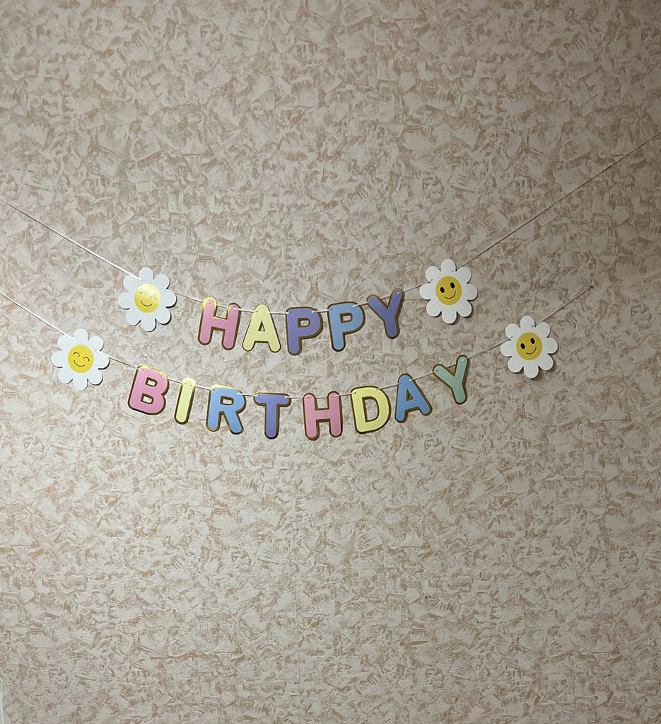 Гірлянда розтяжка паперова Happy Birthday з ромашками | Макарун - фото покупців 1