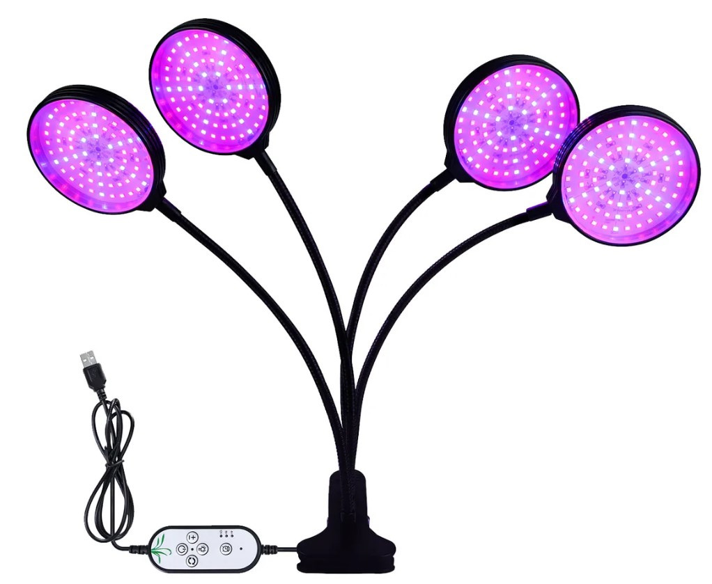 LED-фітолампа для розсади та кімнатних рослин 4 лампи повний спектр таймер, фото 1