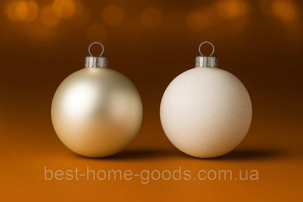 Набір ялинкових куль “Перли” Ø6/8/10 см (6 шт) — перламутрові новорічні прикраси з блискітками, 2 кольори в наборі, фото 1