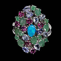 Каблучка. Натуральний опал, смарагд, гранат родоліт і танзаніт. Срібло 925.