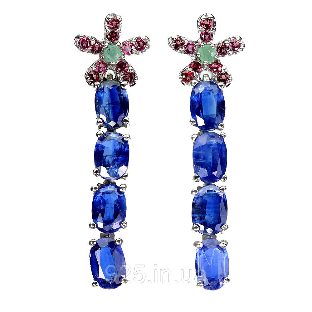 Сережки. Натуральний кіаініт, смарагд і гранат родоліт. Срібло 925., фото 1