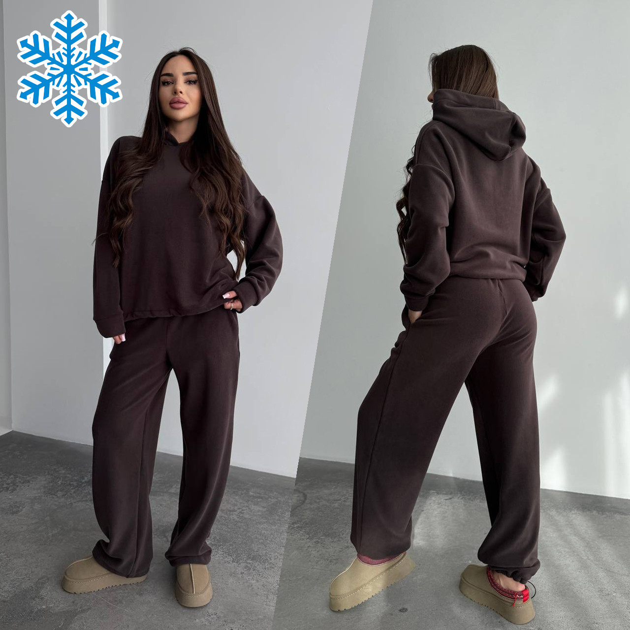Теплий коричневий жіночий спортивний костюм "Oversize" з плюшевого дабл-флісу, фото 1