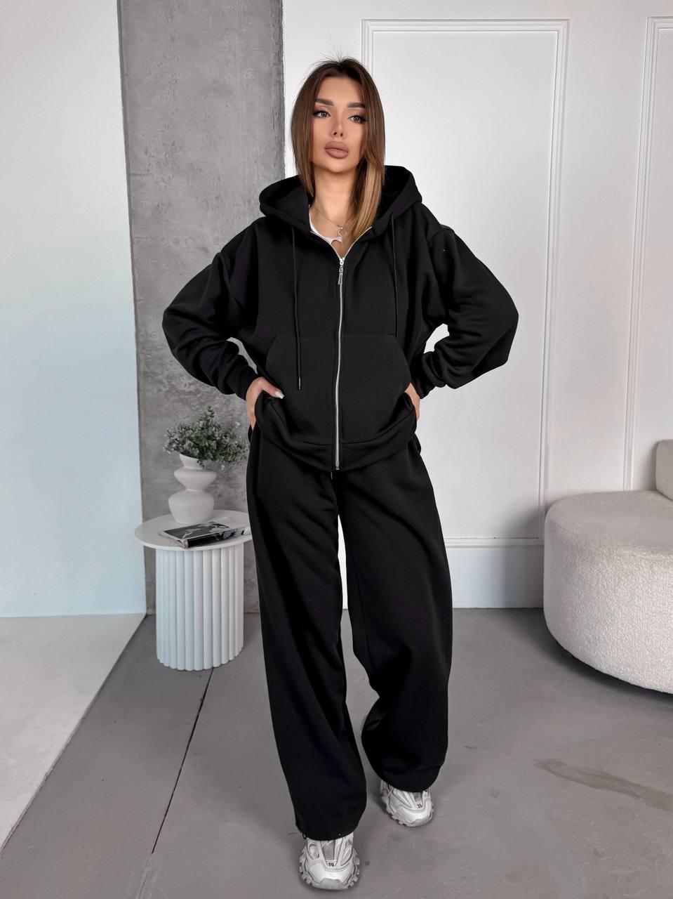 Жіночий осінній базовий теплий костюм прогулянковий двійка кофта худі кенгуру на блискавці штани прямі на затяжці тринитка фліс, фото 1