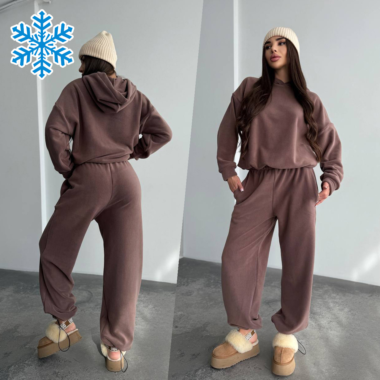 Теплий кавовий жіночий спортивний костюм "Oversize" з плюшевого дабл-флісу, фото 1