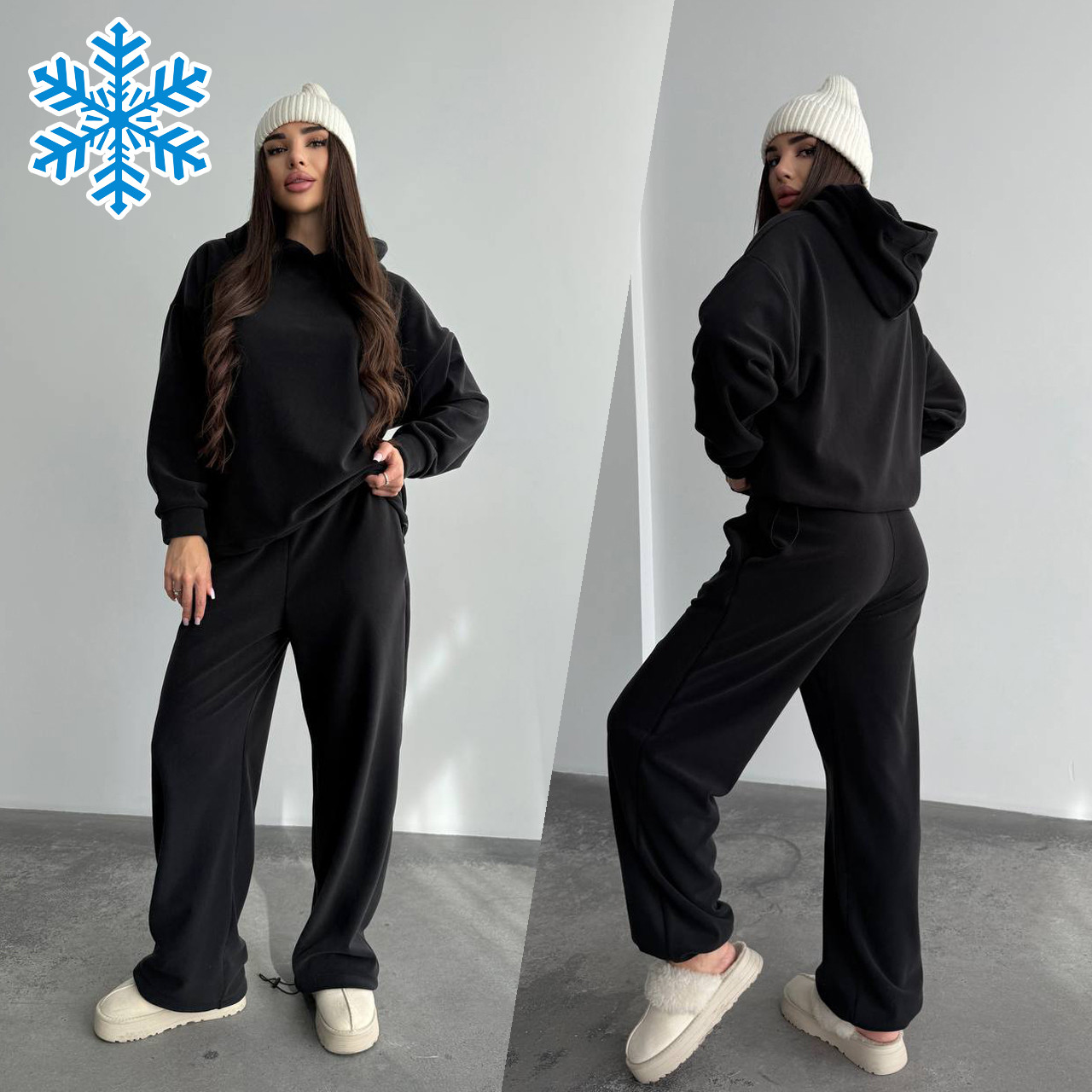 Теплий чорний жіночий спортивний костюм "Oversize" з плюшевого дабл-флісу, фото 1