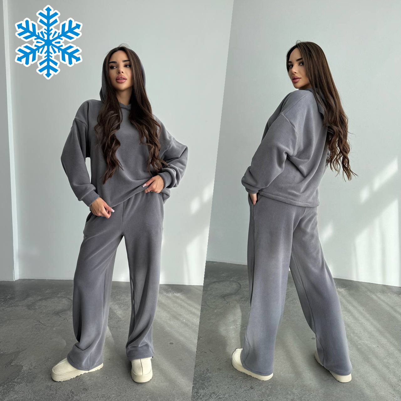 Теплий сірий жіночий спортивний костюм "Oversize" з плюшевого дабл-флісу, фото 1