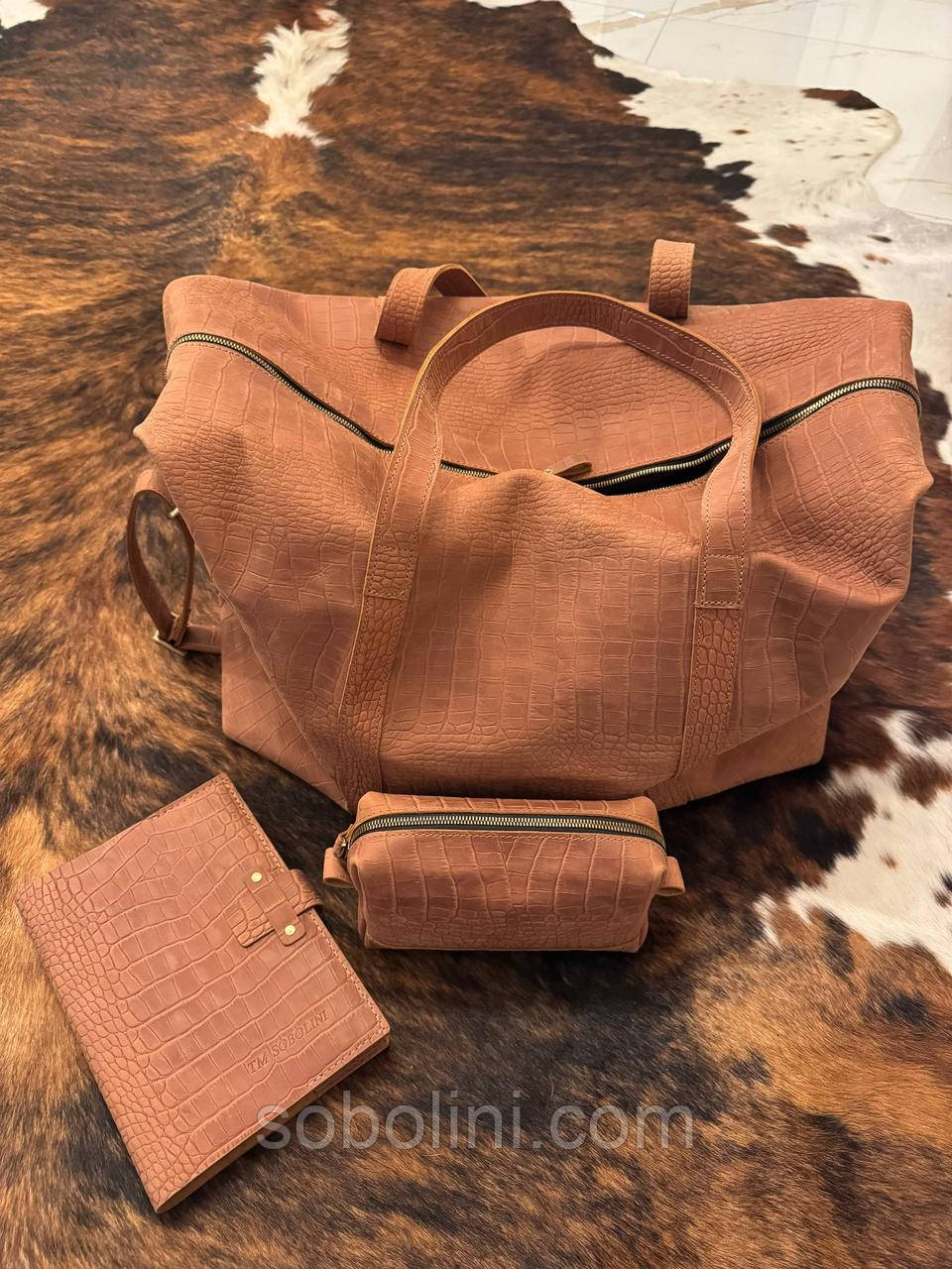 Дорожня містка сумка з натуральної шкіри тиснення під кроко, фото 1