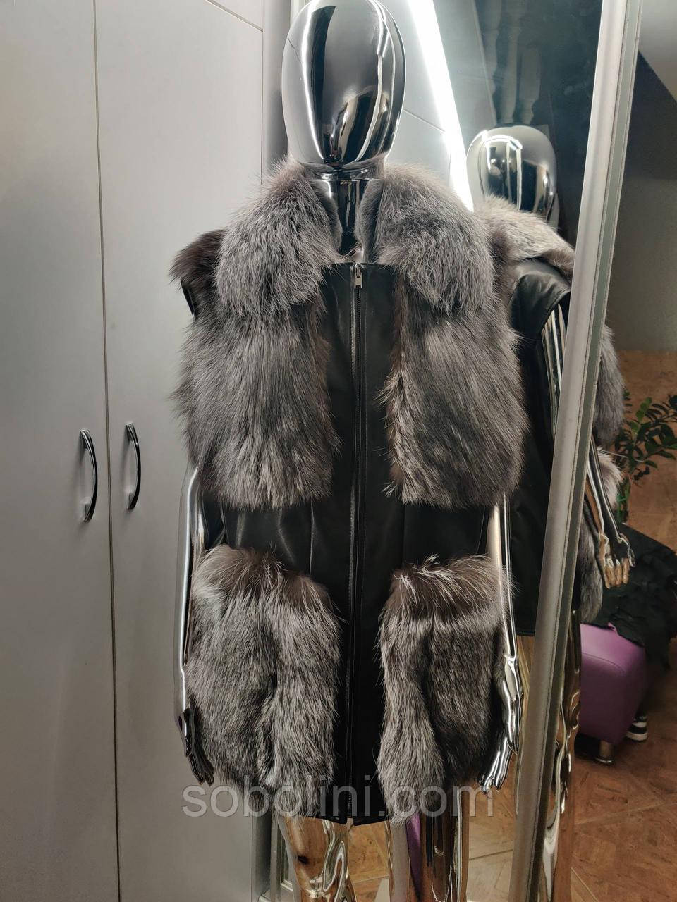 Шкіряний жилет з хутром Чорнобурки!, фото 1