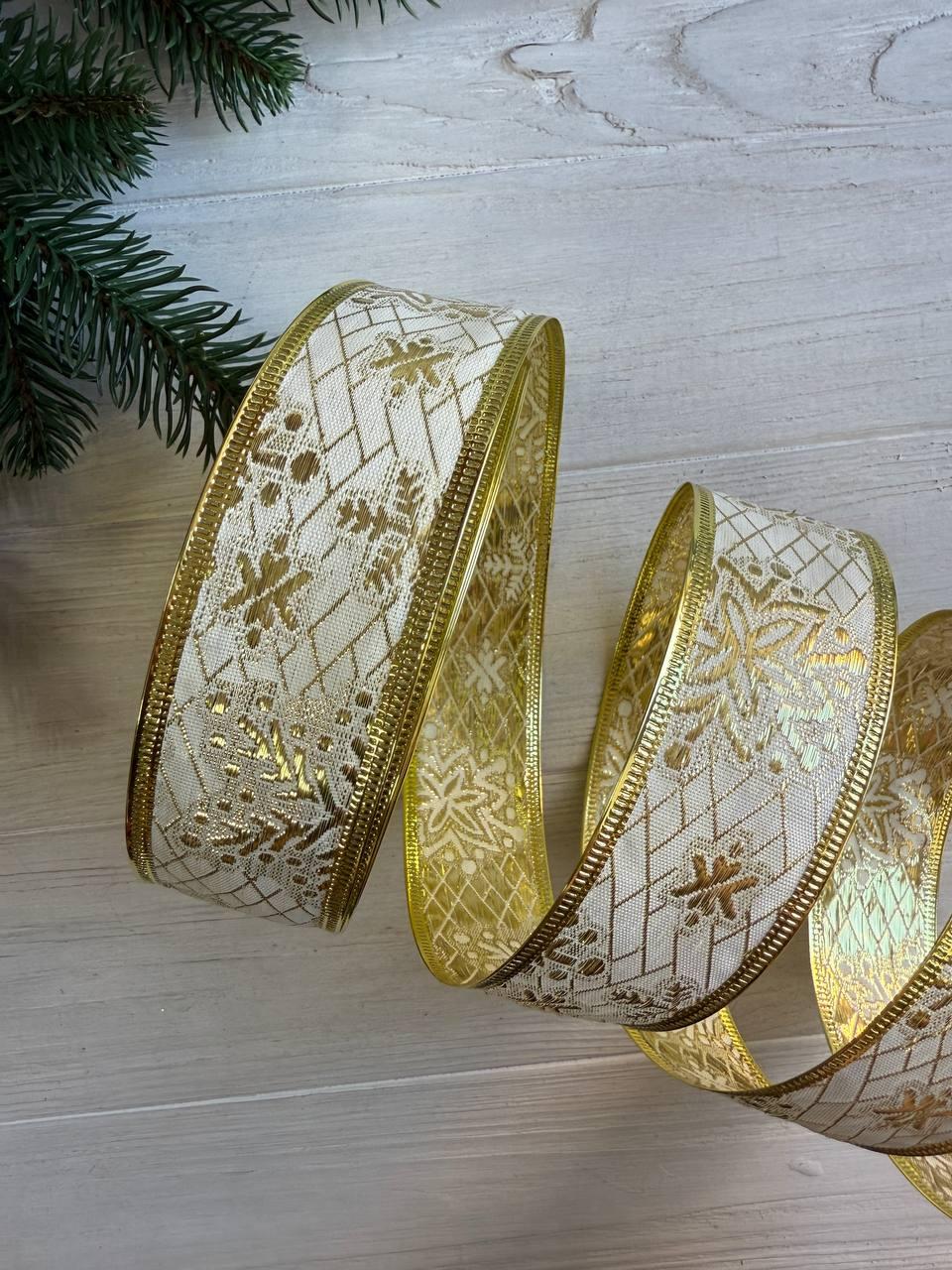 Стрічка парча " Сніжинки 3,8 см " золото 35 метрів