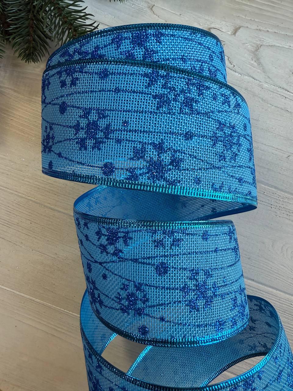 Стрічка декор НГ "Сніжинки на мішковині " голуба , 17 метрів, фото 1