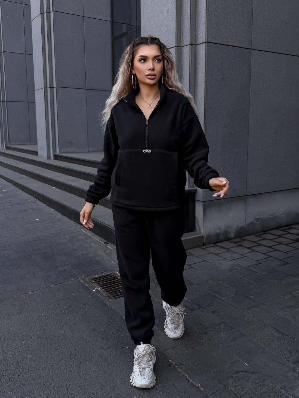 Жіночий теплий м'який флісовий осінній костюм кофта худий батник на блискавці штани джоггери двосторонній щільний фліс полар, фото 1