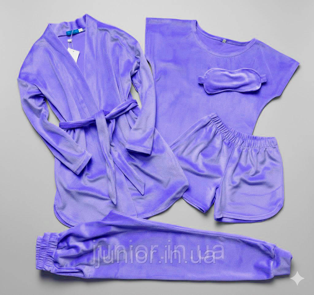 Домашній комплект 5 в 1 для дівчинки Бузковий 140-158 р. Піжама та халат для дівчаток Велюровий комплект, фото 1