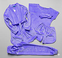 Домашній комплект 5 в 1 для дівчинки Бузковий 140-158 р. Піжама та халат для дівчаток Велюровий комплект