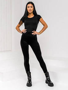 Лосини велюрові з широким поясом жіночі з високою посадкою на теплому хутрі чорні S