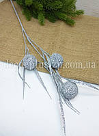 Гілочка новорічна 70см з кулями, 3-ка - гліттер. Срібло