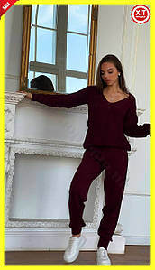 Костюм в'язка бордовий жіночий теплий стильний з худі та брюками на гумці без кишень