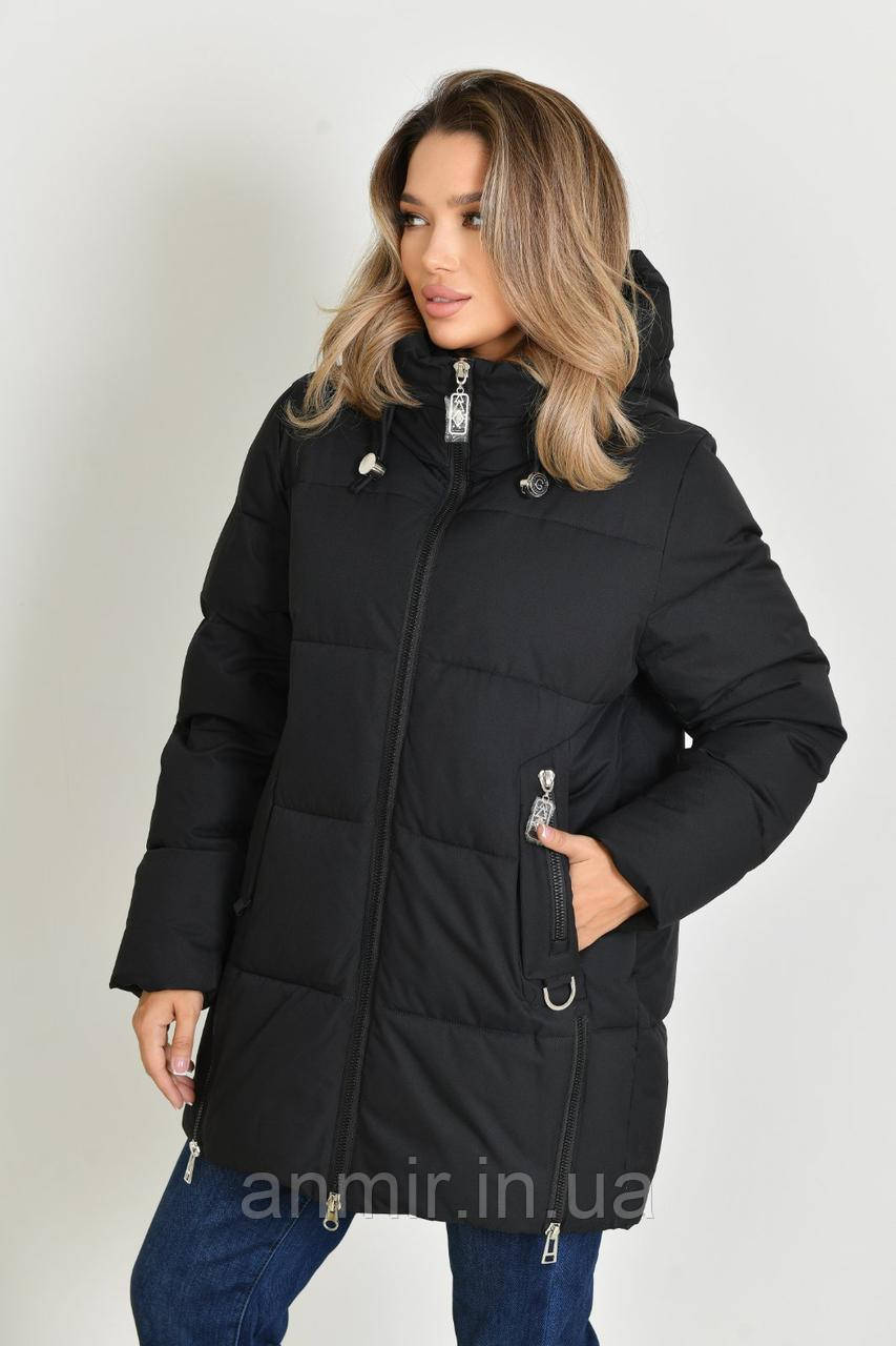 Куртка жіноча зимова стьобана з капюшоном батал 50-60, колір чорний
