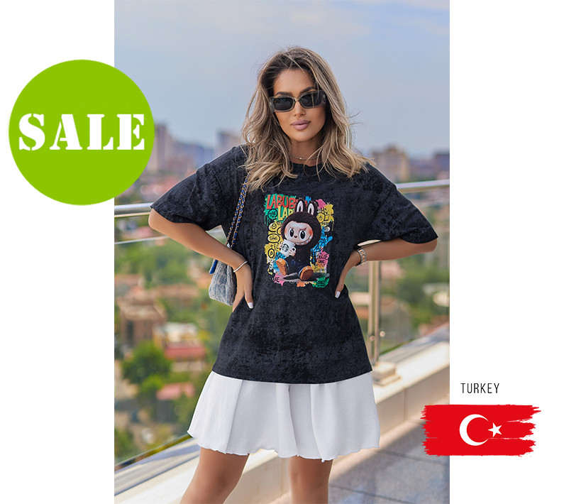 Бавовняна жіноча футболка тай-дай Labubu "Graffiti" (Туреччина) Норма та батал, фото 1