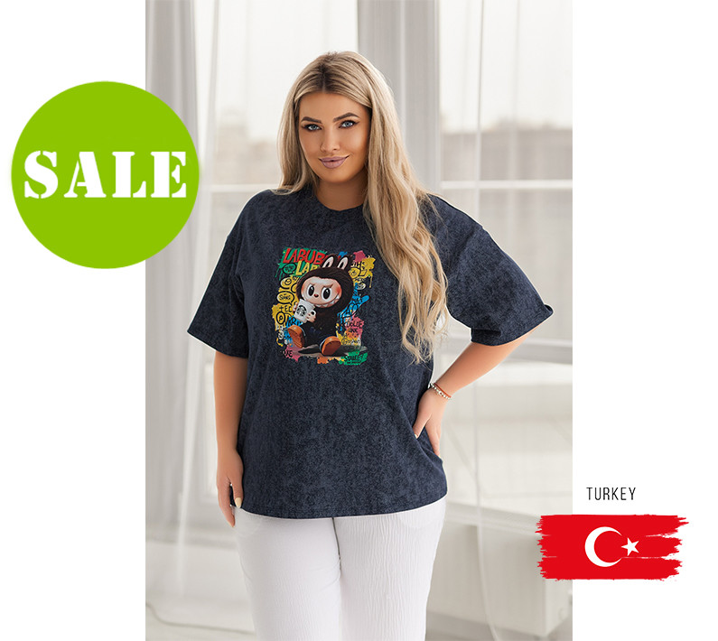 Бавовняна жіноча футболка тай-дай Labubu "Graffiti" (Туреччина) Батал, фото 1