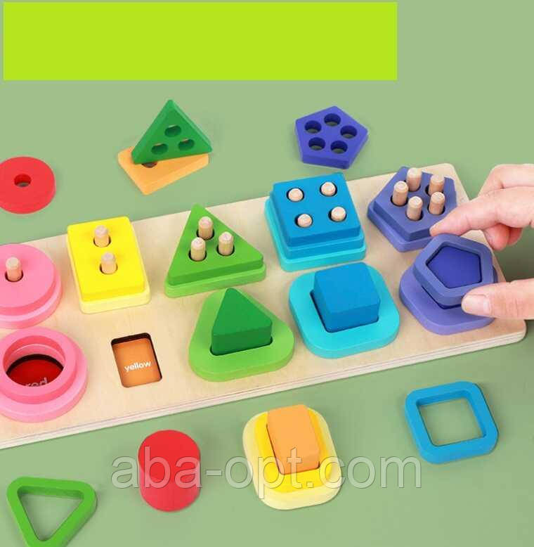 Дерев'яний геометричний сортер C 75295 (36) дошка розміром 30х12.5 см, геометричні фігури, кілочки, назви кольорів англійською, в, фото 1