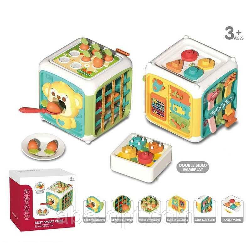 Куб логічний YL 562 (24) еластичні решітки, пальчикові ігри, гра з морквинами, сортер, рухомі елементи, в коробці, фото 1