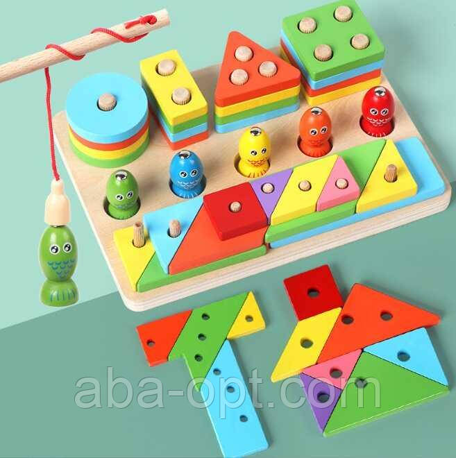 Логічна дерев'яна дошка C 75298 (30) геометричний сортер, танграм, сортер за кольорами, магнітна риболовля, 5 рибок, вудка, в, фото 1