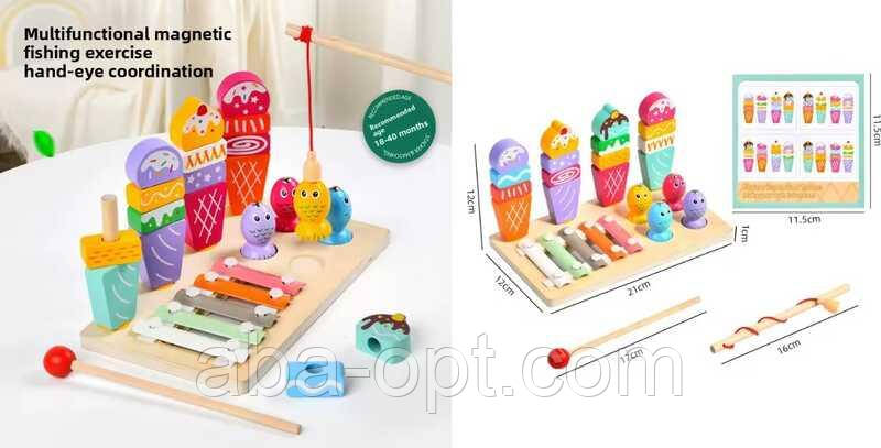 Логічна дерев’яна дошка C 75286 (48) 21х12 см, 3 гри: магнітна риболовля, гра з кілочками та ксилофон, дерев’яна вудочка,, фото 1