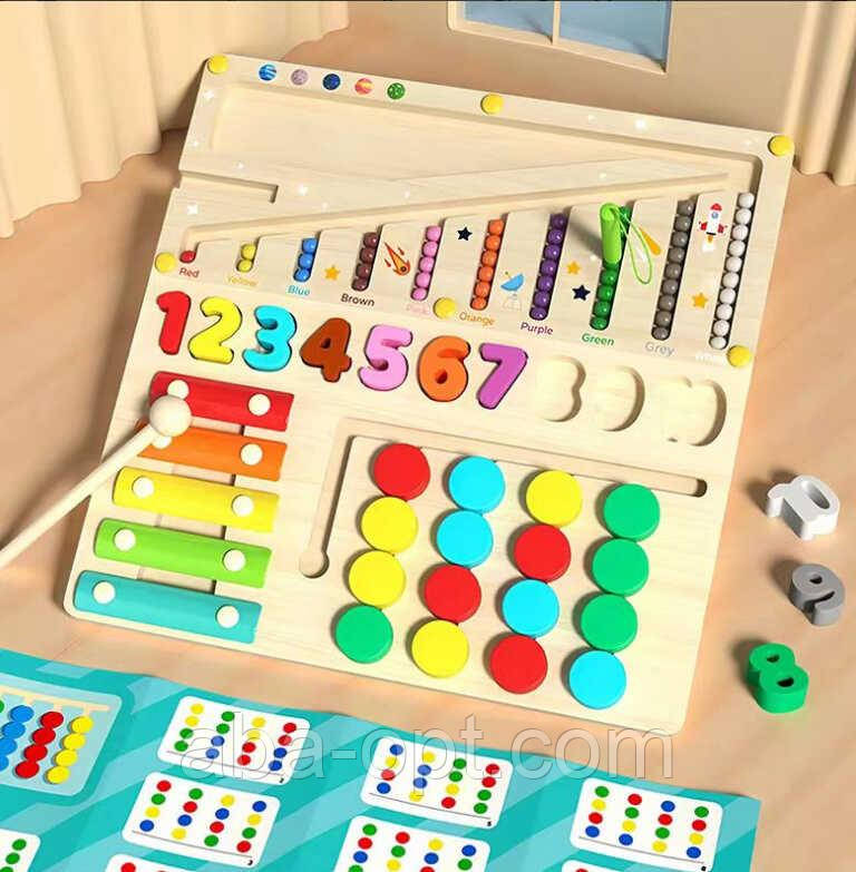 Логічна дерев’яна дошка C 75293 (16) 4 гри: магнітна гра, ксилофон, сортер із цифрами, гра на повторення комбінацій, магнітний, фото 1