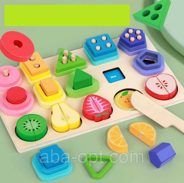 Логічна дерев’яна дошка C 75294 (24) дошка розміром 30х18 см, половинки фруктів на магнітах, геометричні фігури, кілочки, назви, фото 1