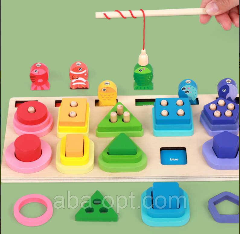 Логічна дерев’яна дошка C 75296 (33) дошка розміром 30х15 см, магнітна риболовля, геометричні фігури, кілочки, назви кольорів, фото 1