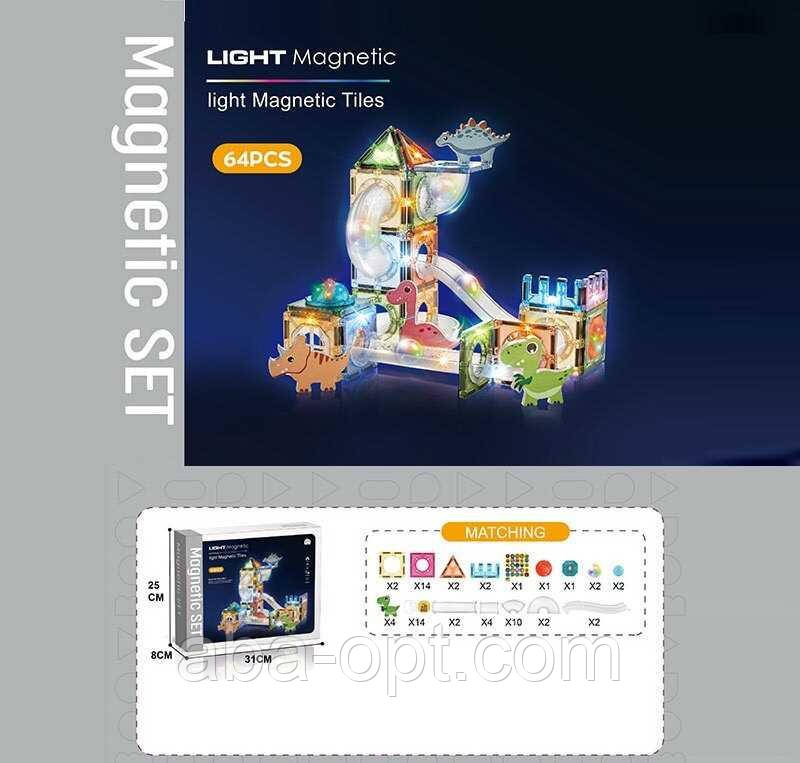 Магнітний конструктор CH 1158 (18) 64 деталі, елементи з підсвічуванням, наліпки з англійськими назвами, в коробці, фото 1