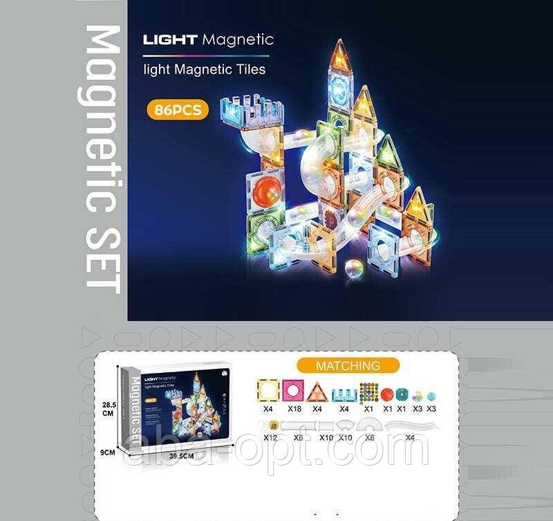 Магнітний конструктор CH 1176 (12) 86 деталей, елементи з підсвічуванням, наліпки з англійськими назвами, в коробці, фото 1