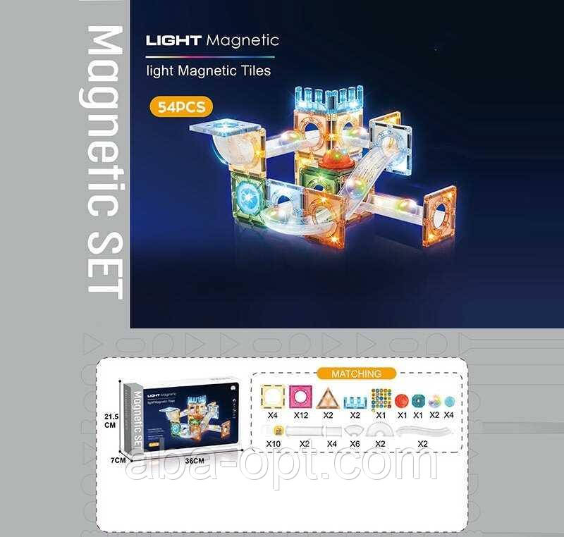 Магнітний конструктор CH 1177 (24) 54 деталі, елементи з підсвічуванням, наліпки з англійськими назвами, в коробці, фото 1